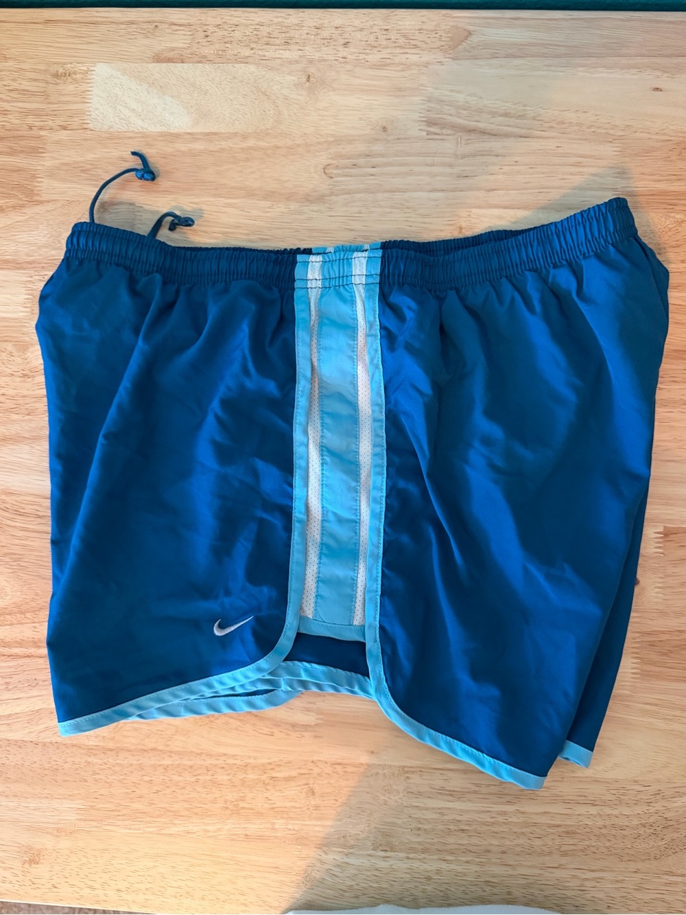 Nike Women's Blue Dry-FIT Athletic Shorts with Light Blue Trim, Size L